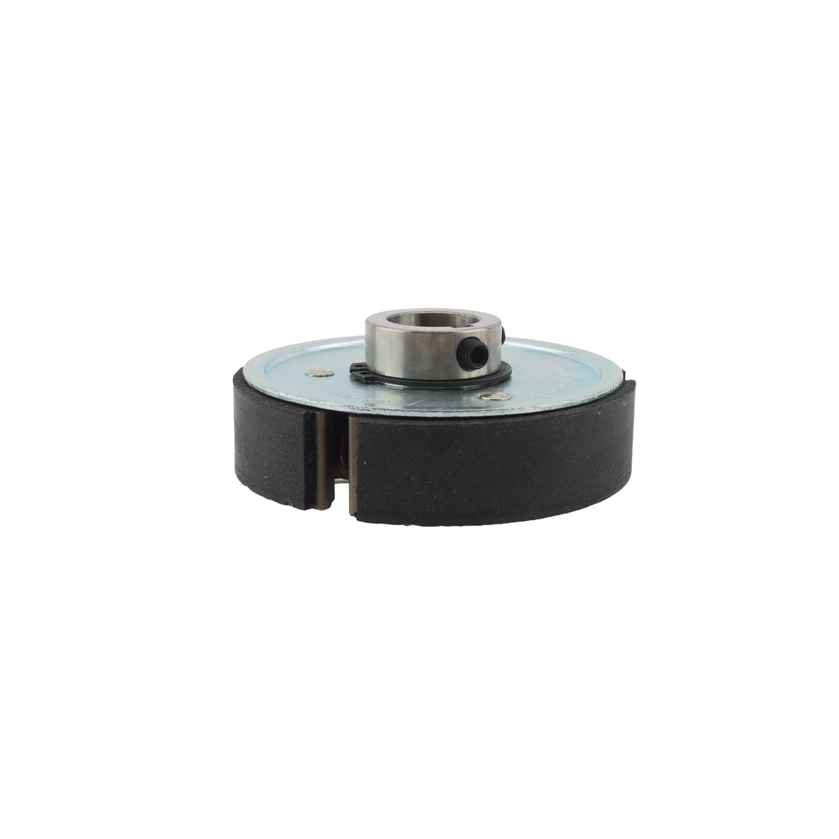 Side profile of the composite fiber clutch shoe assembly showing the friction pads and internal engine shaft mounting collar.