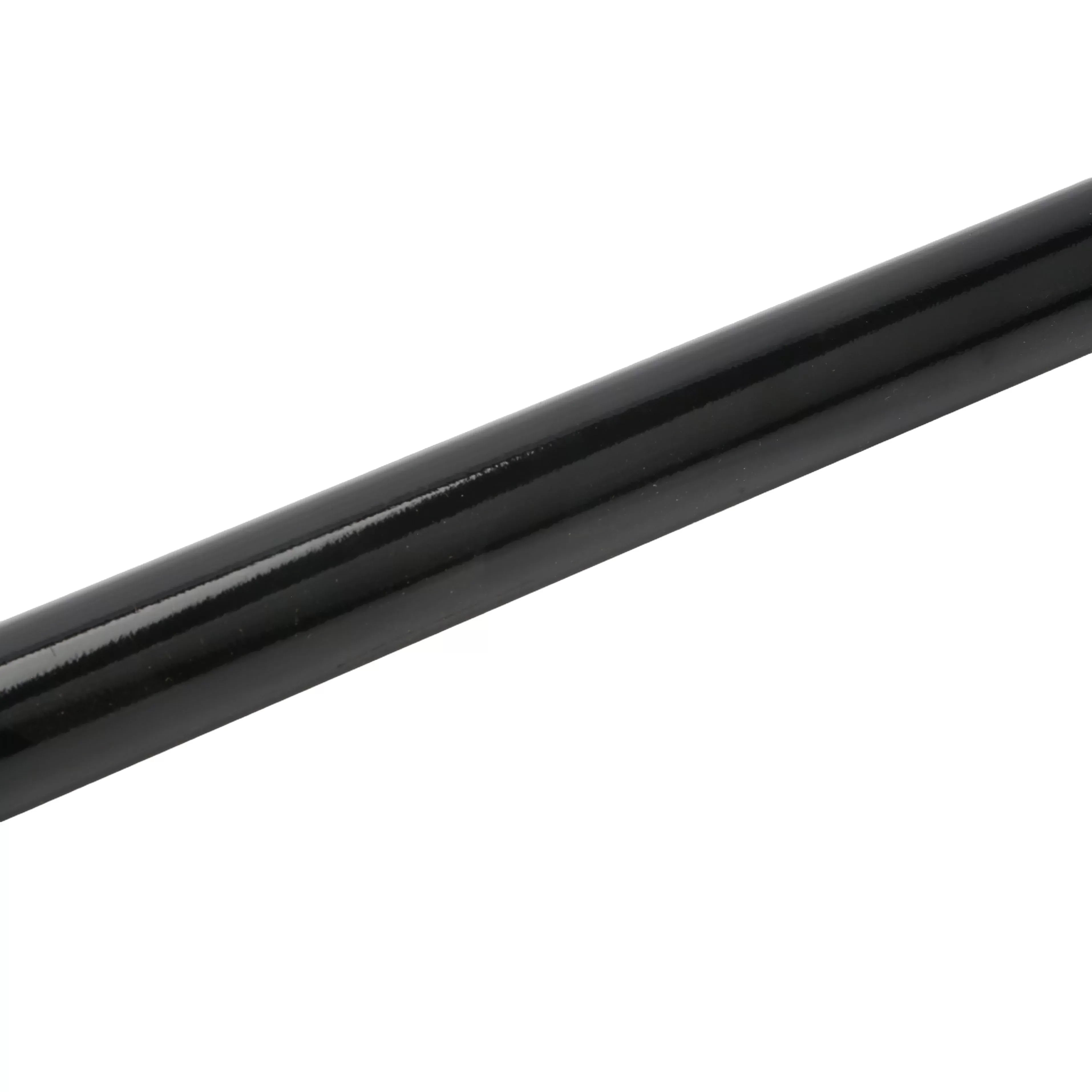 Macro close-up detail highlighting the smooth, reflective finish of the black industrial powder coat layer protecting the high-tensile steel tubular midsection of the earth drill stabilization rod.