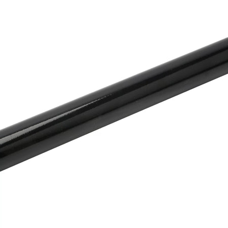 Macro close-up detail highlighting the smooth, reflective finish of the black industrial powder coat layer protecting the high-tensile steel tubular midsection of the earth drill stabilization rod.