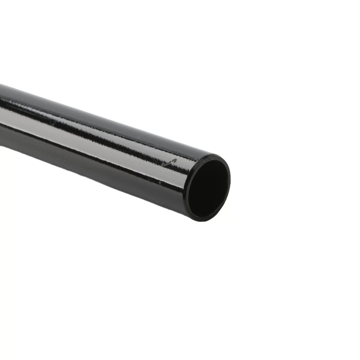 An alternate profile view looking down the open cylindrical terminal collar of the black steel torque stabilization tube accessory against a solid white background background.