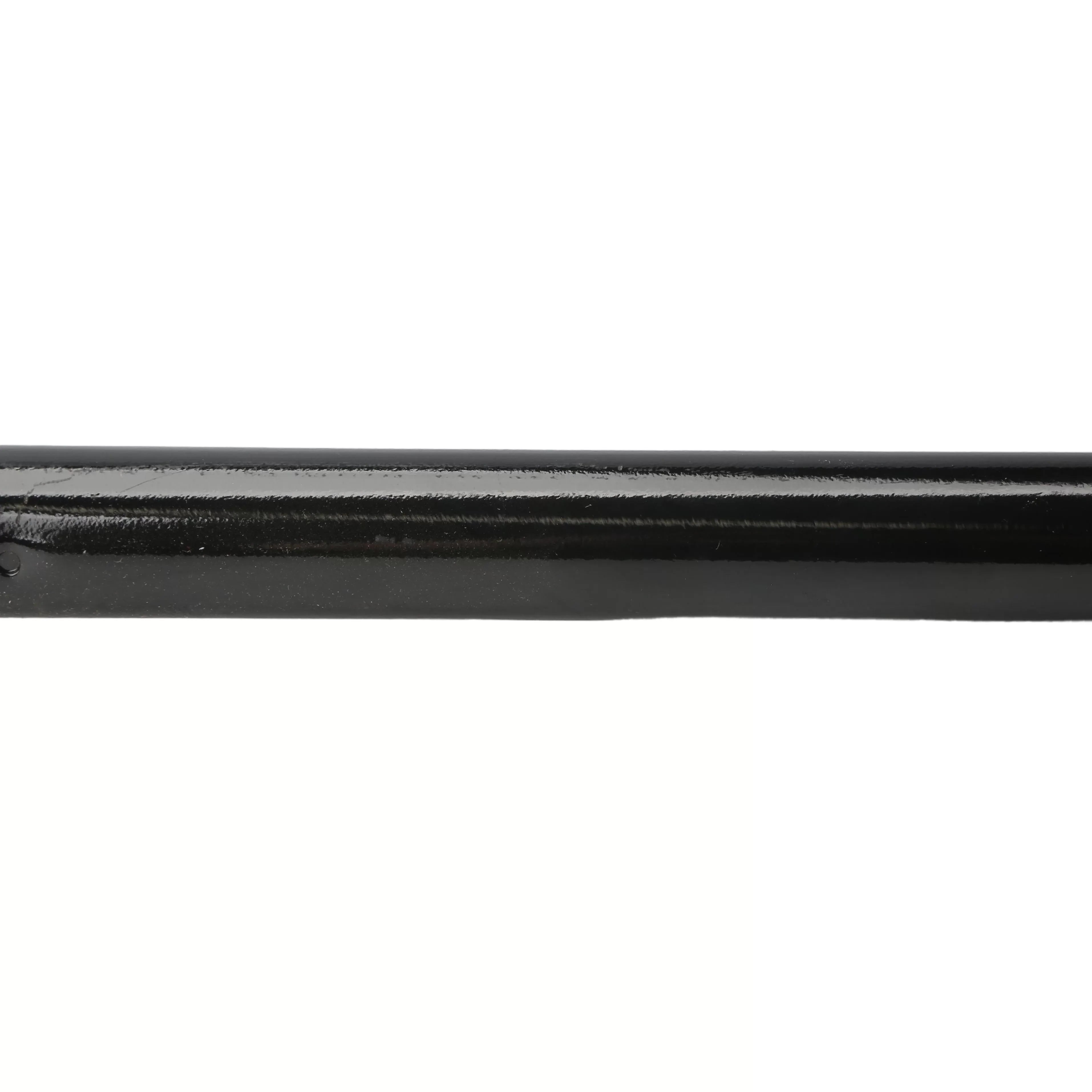 Horizontal close-up profile view of the black steel torque tube shaft component showcasing the high-integrity seamless weld line running lengthwise along the commercial structural steel frame.