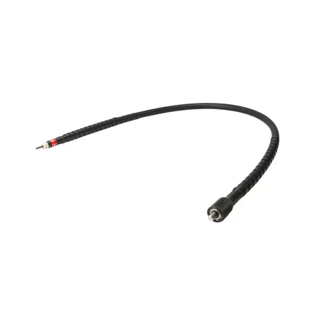 Full studio view of the Little Beaver 3324 flexible shaft assembly curved in a wide arc against a white background, displaying the black high-density rubber casing, spiral structural reinforcement wrap, square drive core tip, and knurled transmission coupling end.