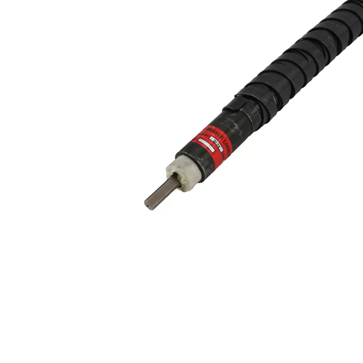 Close-up detailed view of the male drive end of the flexible shaft assembly, showing the protruding 0.625 inch square nickel superalloy inner core tip alongside an identification collar with red and white branding text displaying model code 3324.