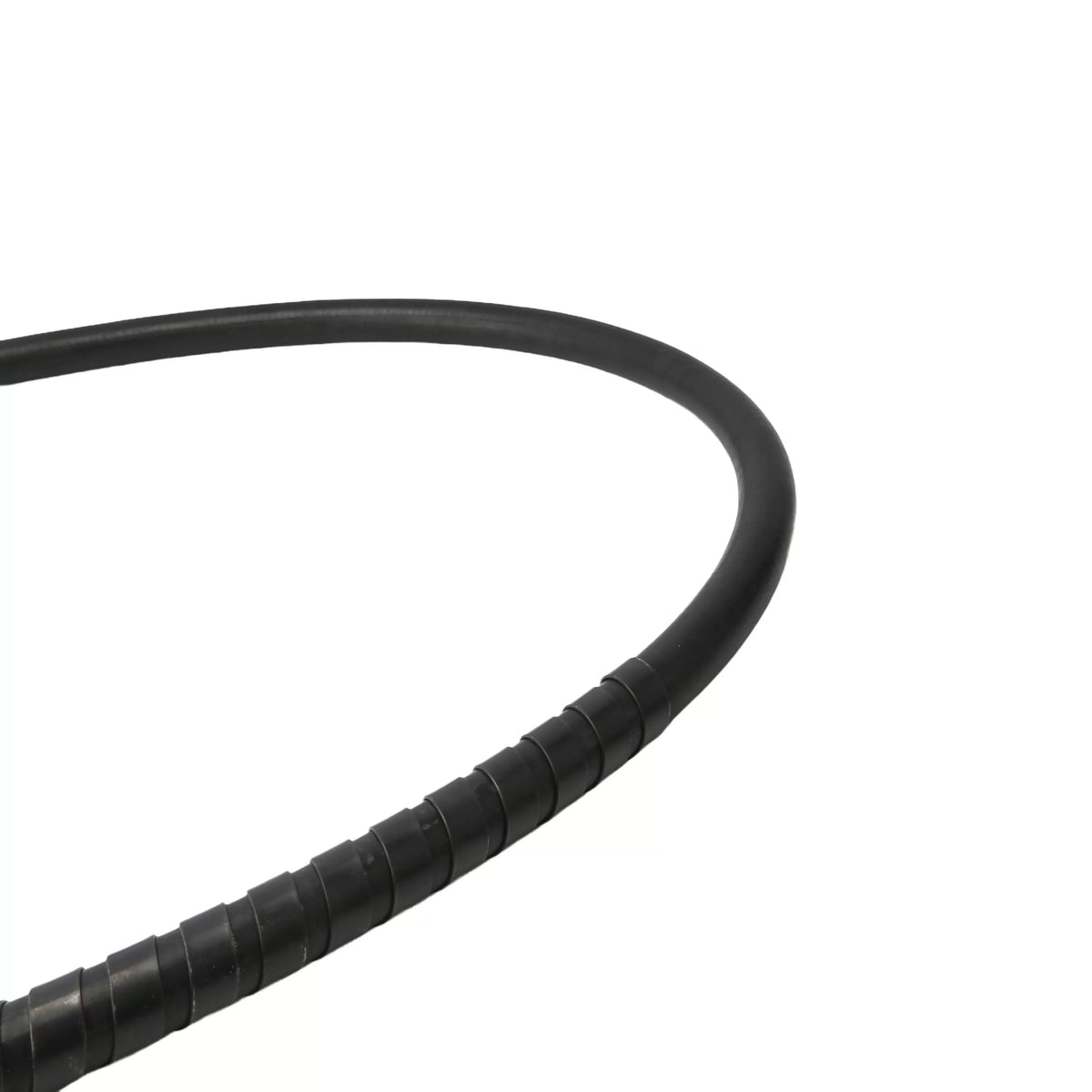 Close-up angled view highlighting the natural curvature of the black flexible power shaft assembly housing, illustrating the heavy mechanical flexibility of the outer -28 rated industrial protective shell.