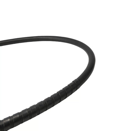 Close-up angled view highlighting the natural curvature of the black flexible power shaft assembly housing, illustrating the heavy mechanical flexibility of the outer -28 rated industrial protective shell.
