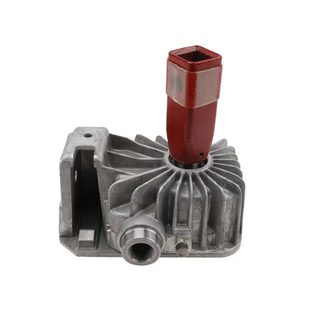 Front perspective view of the Little Beaver 10010-L 10:1 transmission component featuring a cast aluminum gearbox with radial cooling fins, a silver threaded input connection socket, and an upright red steel adapter shaft.