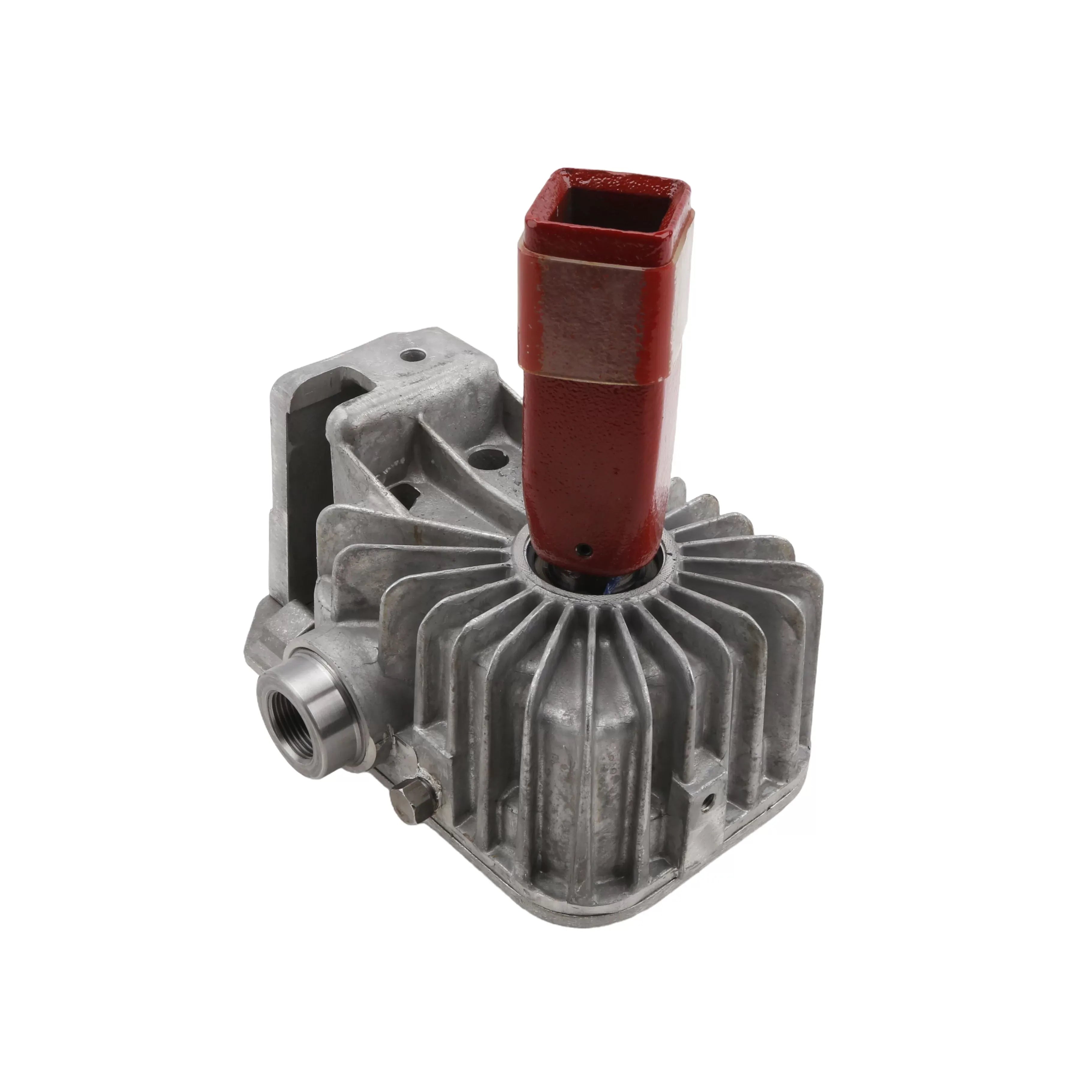 Three-quarter overhead product view of the gear reduction gearbox replacement module, illustrating the textured cooling ribs, side mounting boss, and hollow red metal column interface for loop handle drill connection.