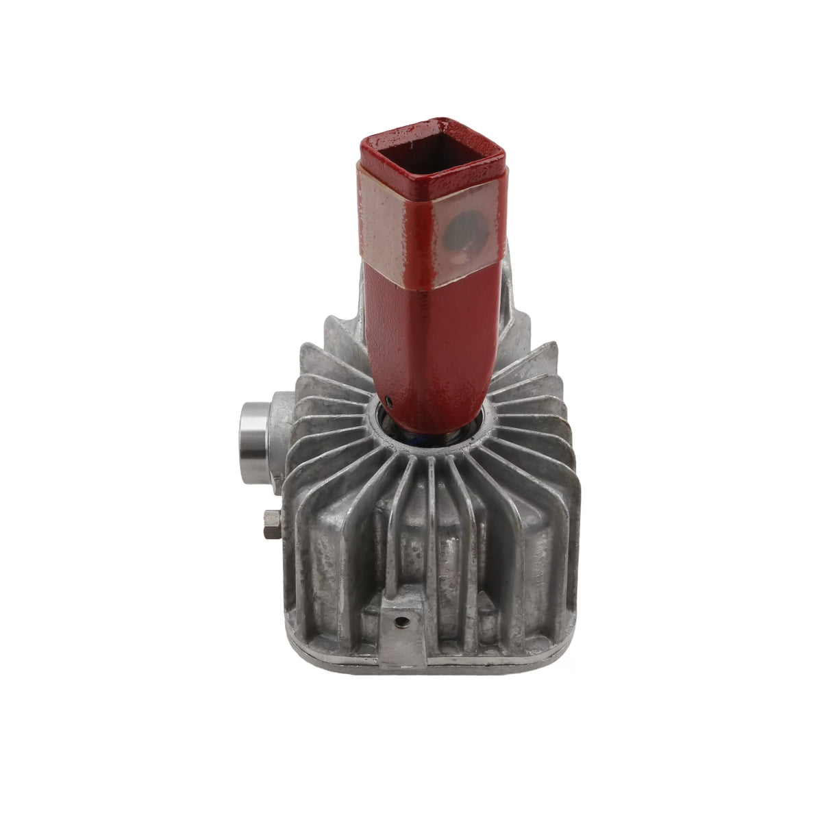 Side-angle profile view of the Little Beaver earth drill transmission assembly emphasizing the vertical alignment of the red adapter receiver shaft extending directly from the center of the cast metal gear housing.