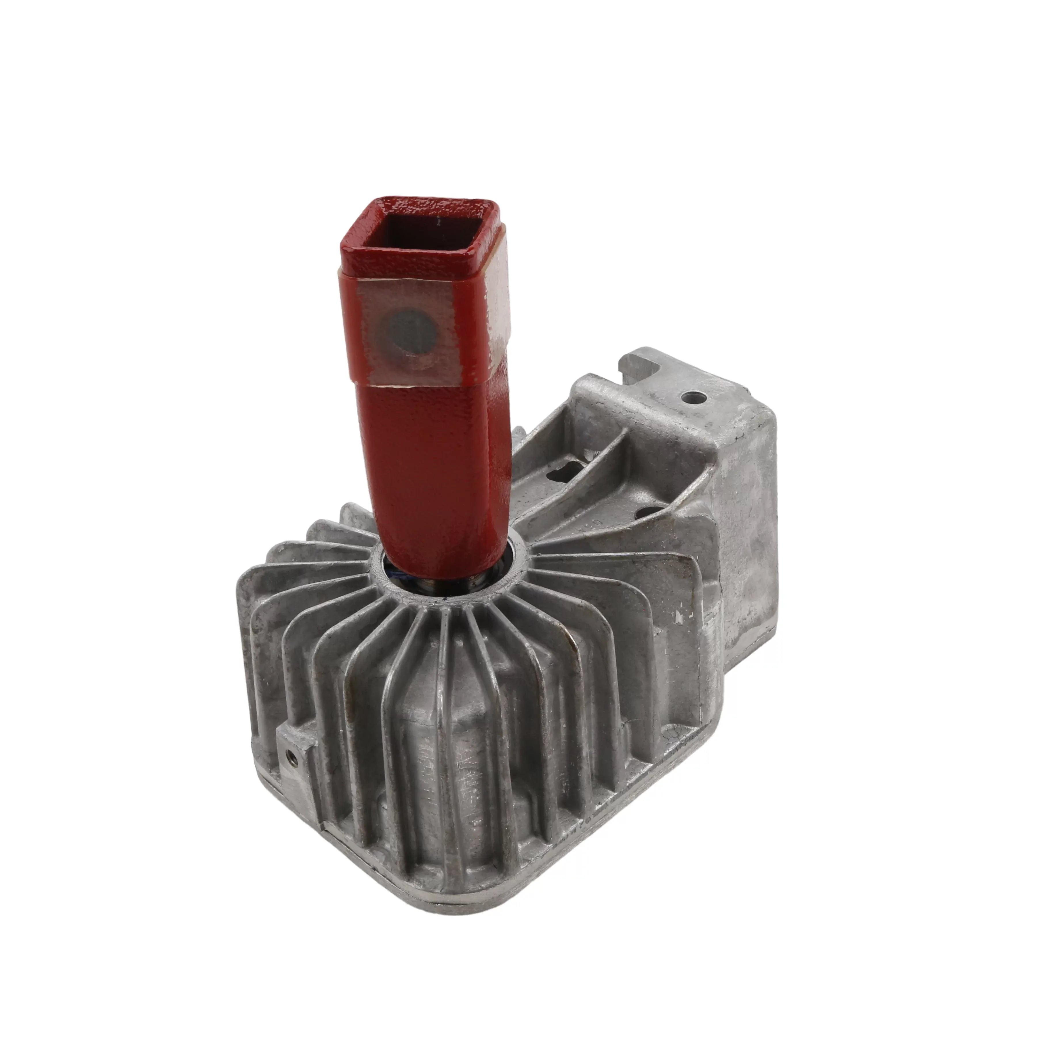 Rear three-quarter perspective view of the 10:1 mechanical gear reduction transmission, showcasing the rugged cast structural ribbing layout and integrated frame attachment bracket mount.