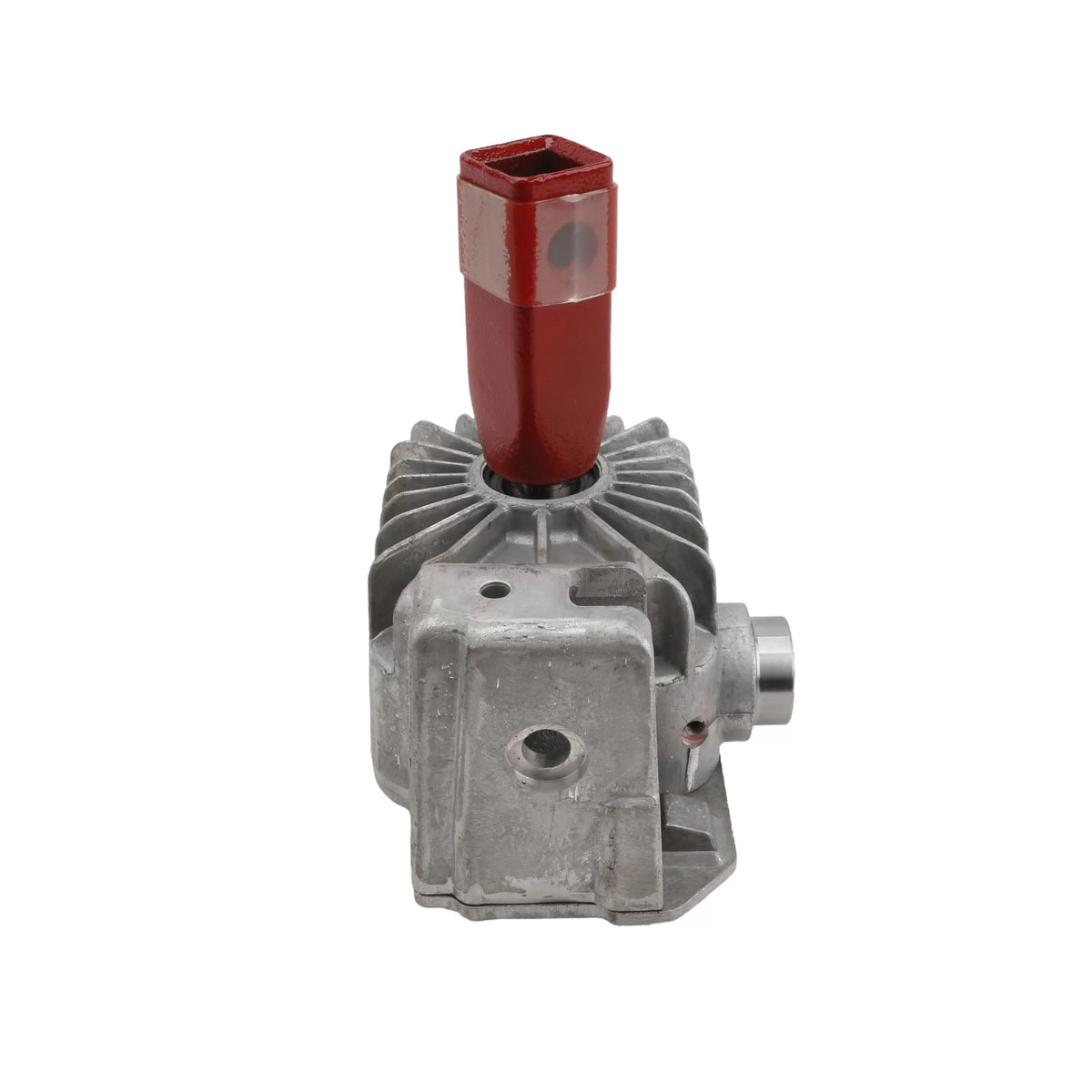 Side profile view of the Little Beaver gearbox assembly focusing on the mounting bracket design with precision-milled pin alignment holes for mechanical loop handle drill frames.
