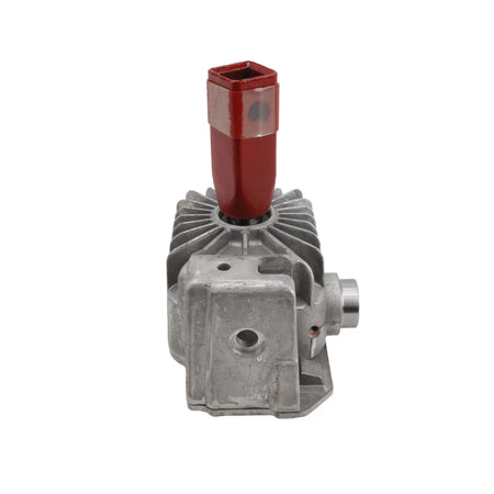 Side profile view of the Little Beaver gearbox assembly focusing on the mounting bracket design with precision-milled pin alignment holes for mechanical loop handle drill frames.