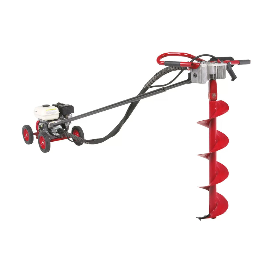 Product photograph of the Little Beaver MDL-5H mechanical earth drill displaying the gas-powered engine chassis with red wheels, connected via a long black torque handle to the operator handlebar and an attached red spiral auger drill bit.