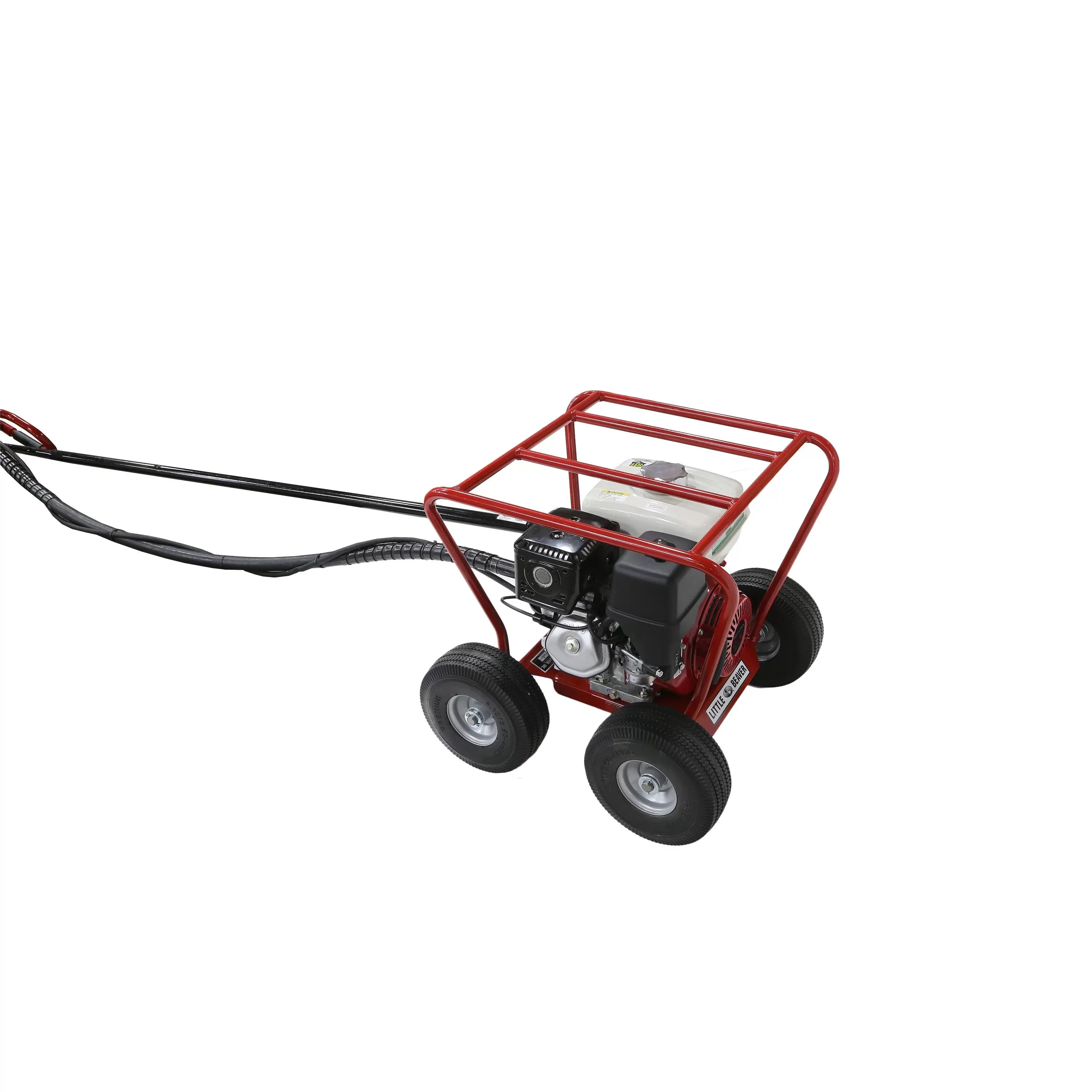 An overhead three-quarter view of the Little Beaver gas post hole digger mechanical power head on a wheeled transport carriage, demonstrating the compact industrial frame and utility tires.