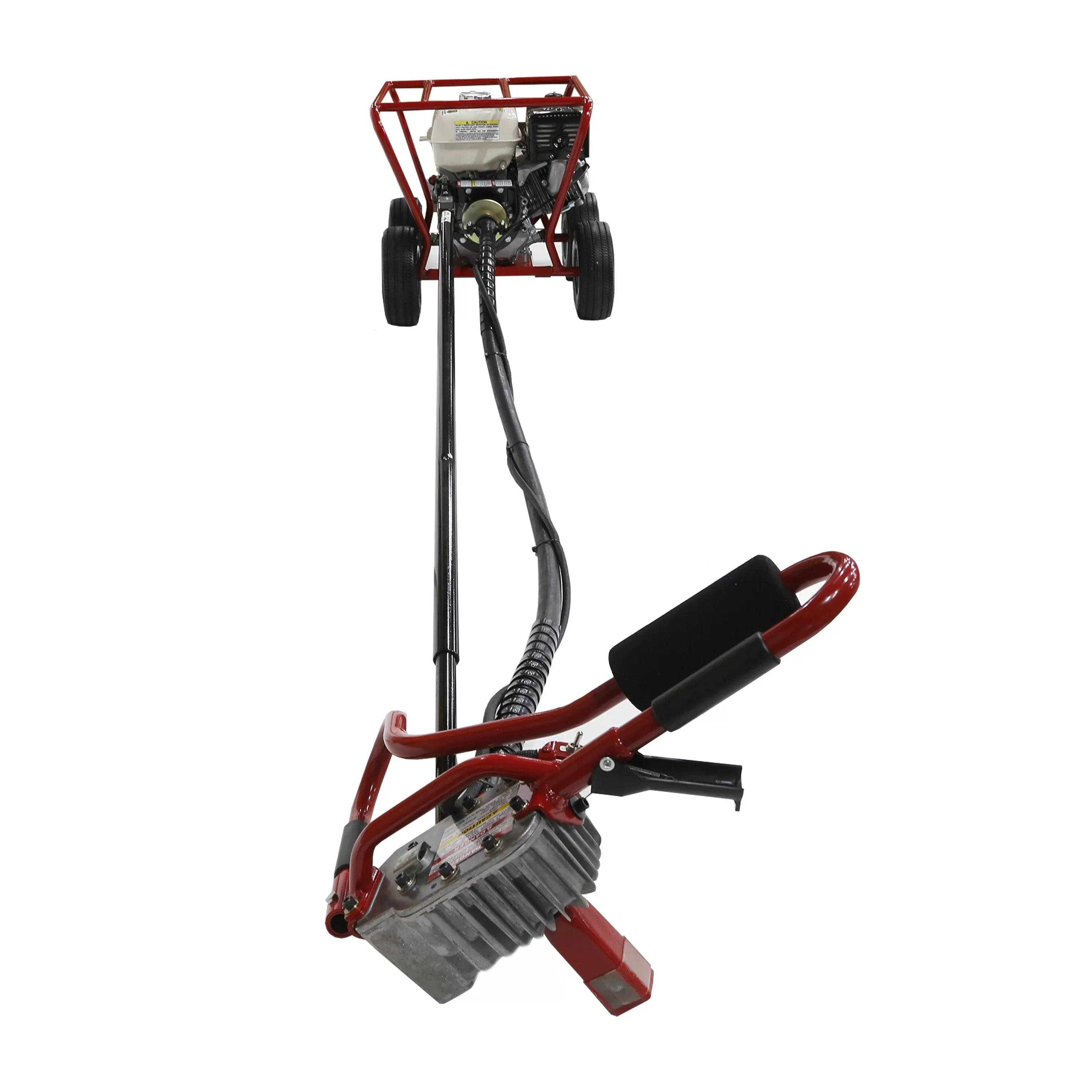 An operational overview shot of the Little Beaver MDL-8HR7 post hole digger gas earth auger machine from the operator handle viewpoint, highlighting the long black torque tube connecting the ergonomic red control handles to the wheeled engine carriage.