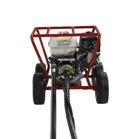 A rear-facing perspective of the Little Beaver gas-powered earth auger machinery, showing the torque-free handle connection point to the mobile utility cart frame with pneumatic tires.
