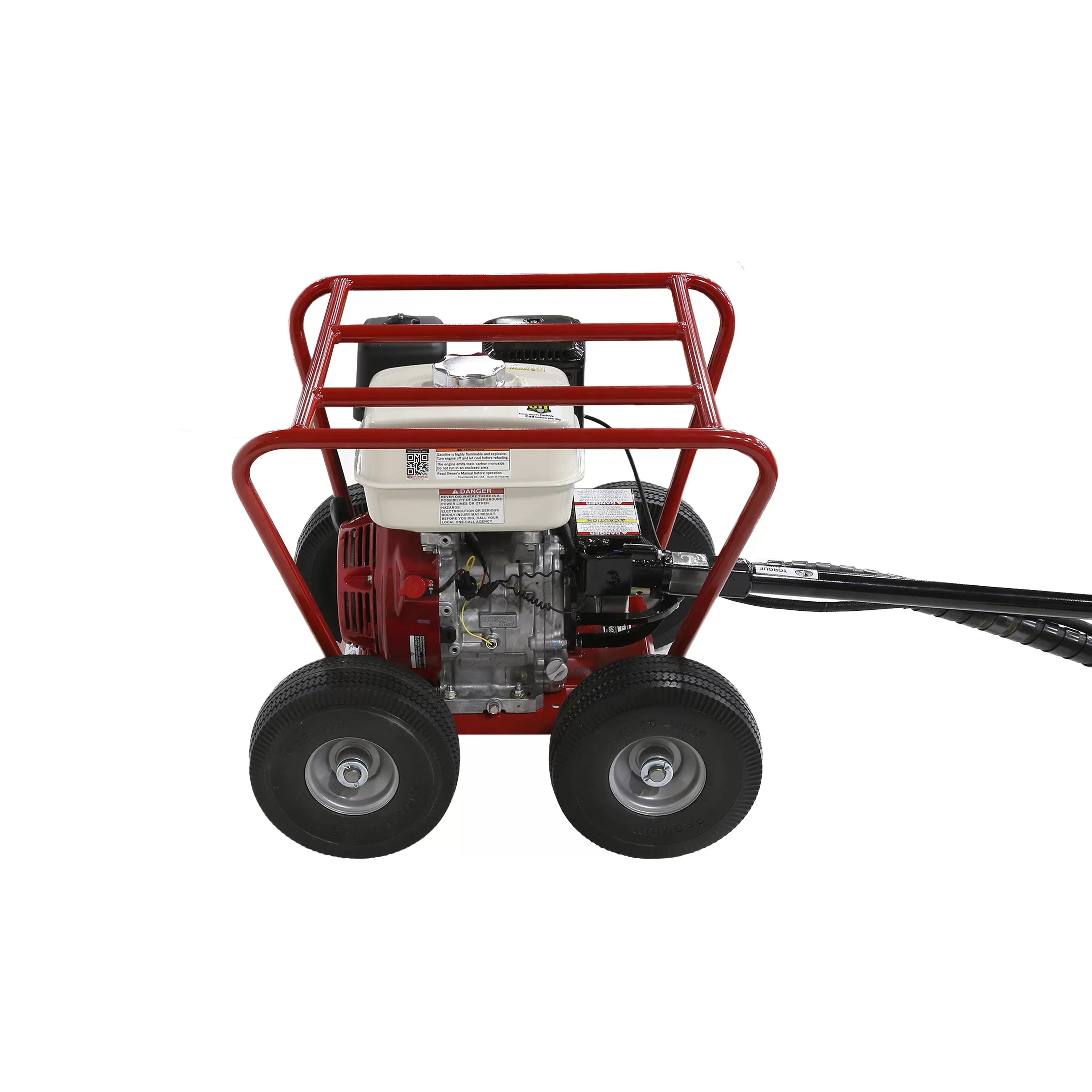 A direct side view of the white gas tank and engine block on the Little Beaver MDL-8HR7 post hole digger cart, highlighting the compact layout within the protective steel roll cage.