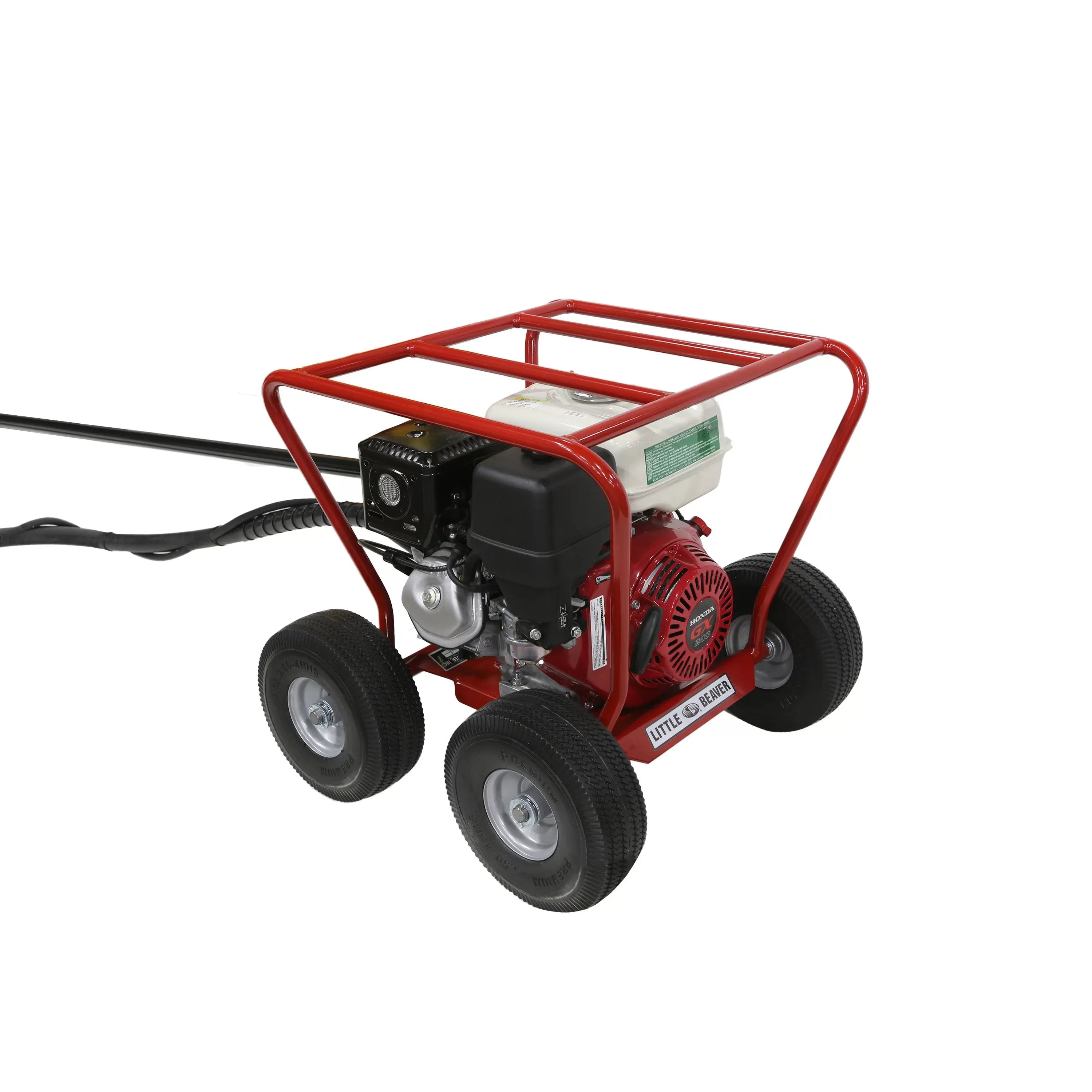 An angled overhead view showcasing the red pull-start cover side of the Honda GX240 engine with the prominent Little Beaver branding visible on the steel carriage base.