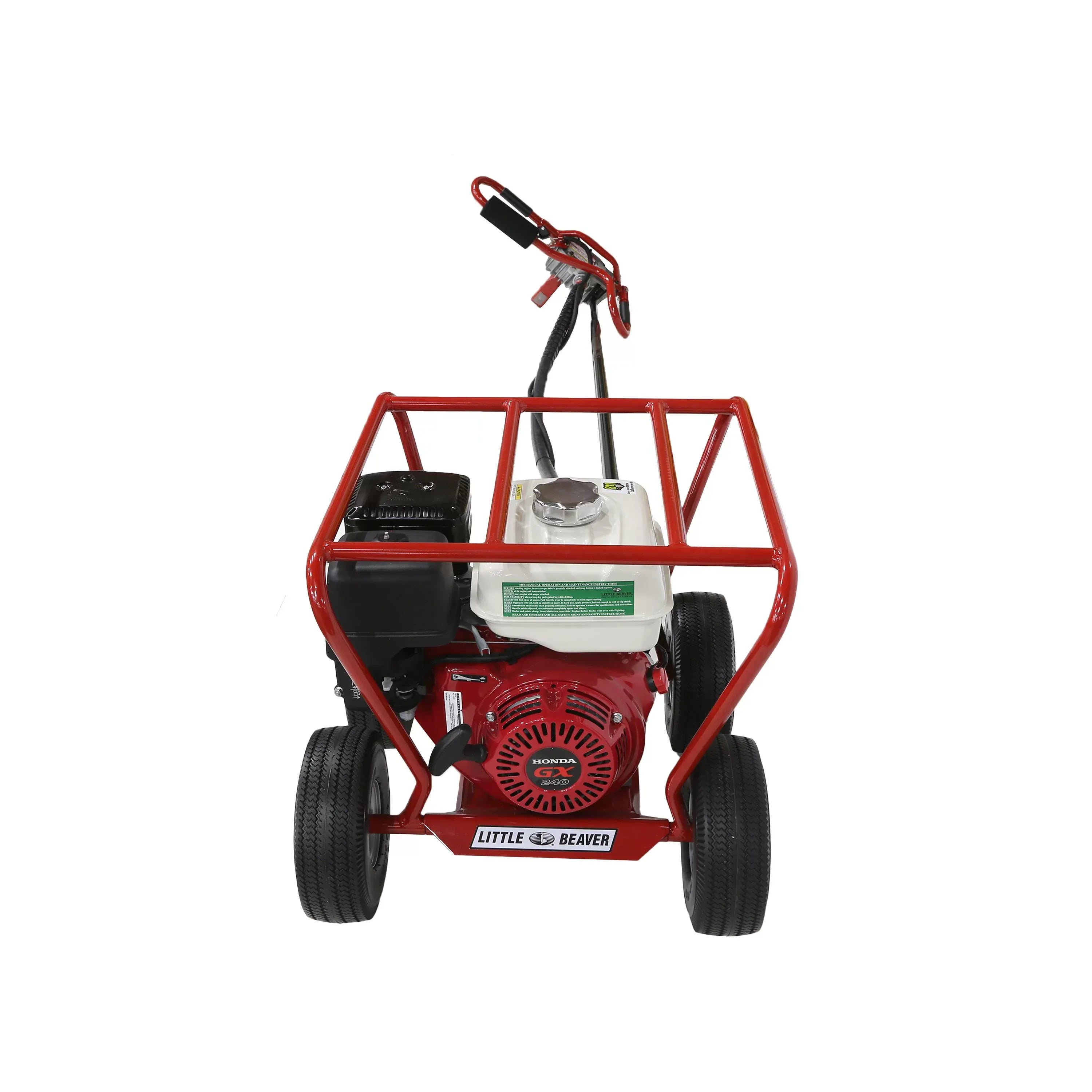 A front-facing view of the Little Beaver mechanical post hole digger machine, highlighting the red pull-start housing of the 8 HP Honda GX240 commercial engine and robust square roll cage design.