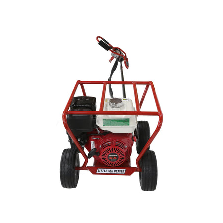 A front-facing view of the Little Beaver mechanical post hole digger machine, highlighting the red pull-start housing of the 8 HP Honda GX240 commercial engine and robust square roll cage design.