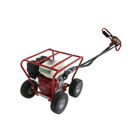 Three-quarter studio view of the Little Beaver MDL-5HR5 mechanical post hole digger power unit featuring a red protective steel roll cage housing a Honda GX engine on four semi-pneumatic wheels with an attached torque arm and handlebar assembly.