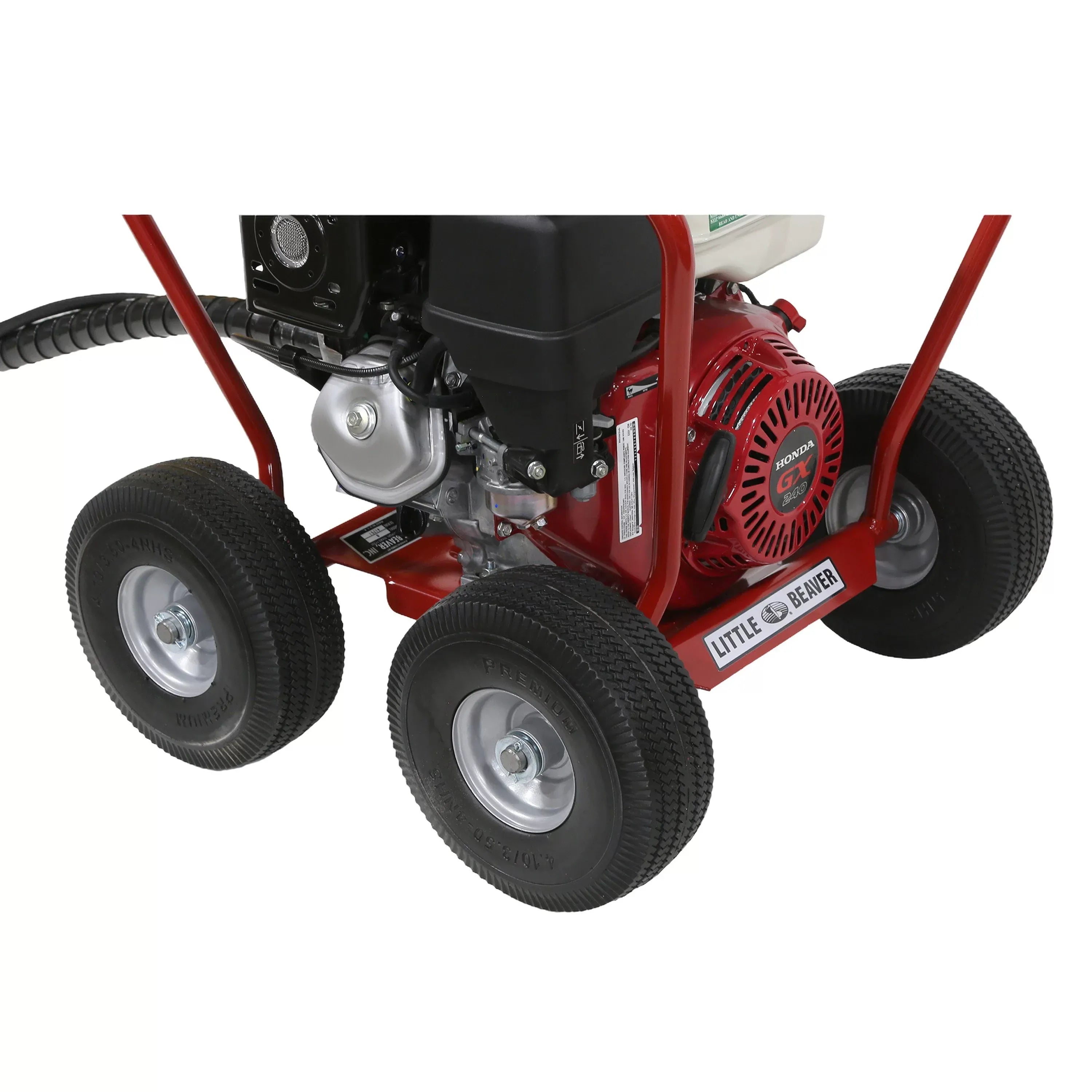 Close-up detailed studio view focusing on the four-wheel steel chassis of the Little Beaver MDL-5HR5 mechanical earth drill, displaying the flat-free tires, corporate branding plate, and engine ignition setup.