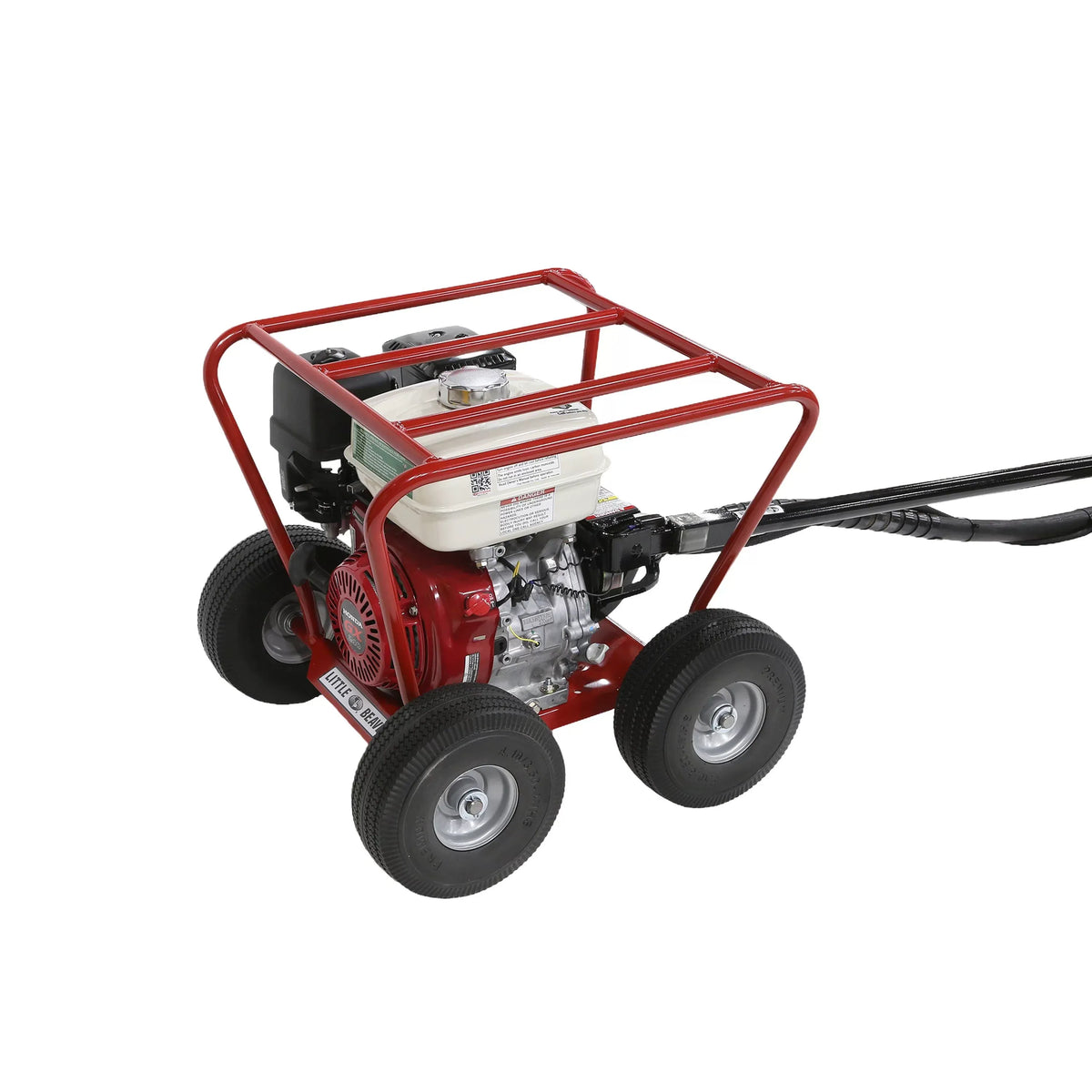 Elevated three-quarter studio image of the gas-powered post hole digger carriage unit, highlighting the white fuel reservoir tank, chrome gas cap, and the protective top rack bars of the steel engine roll cage.