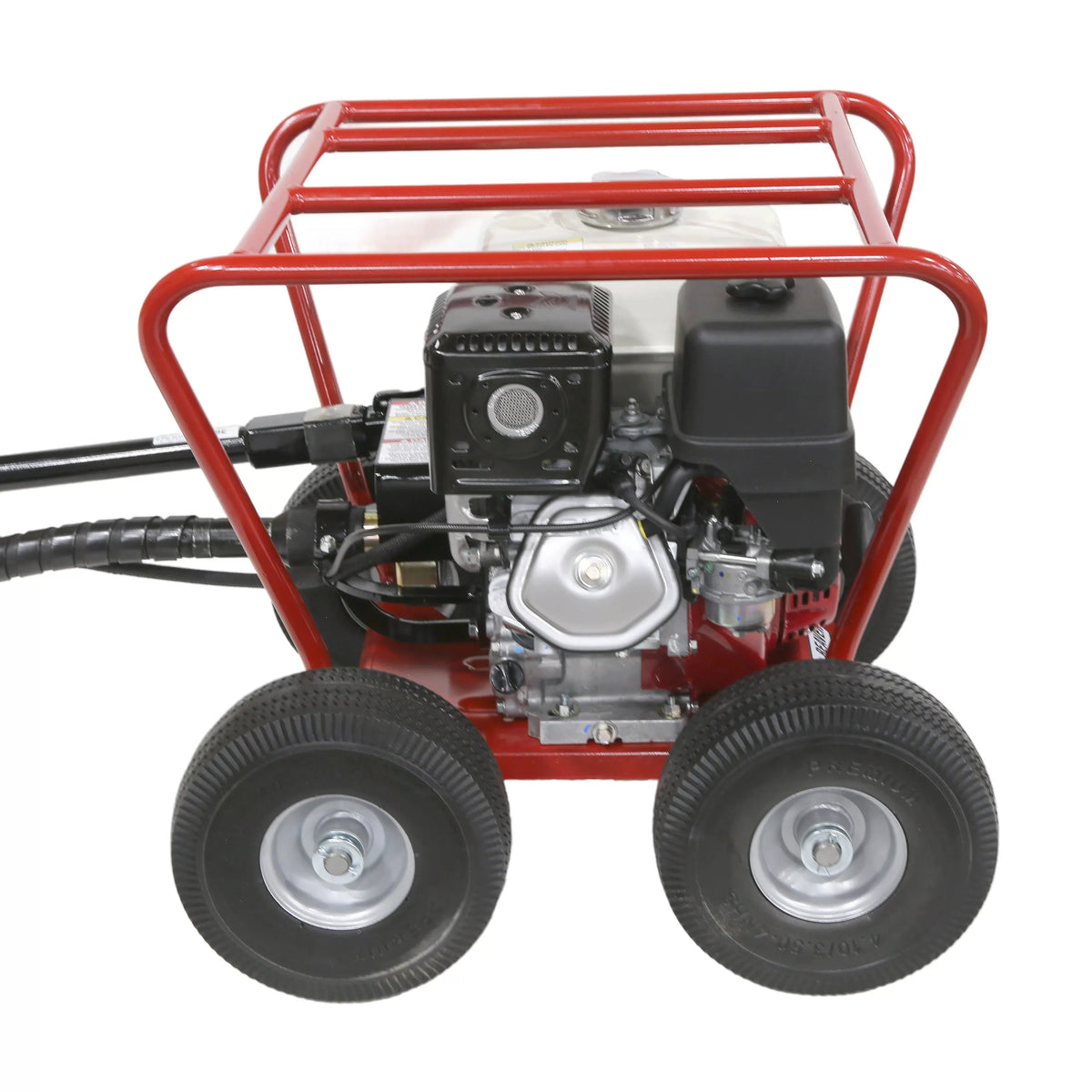 Direct left profile shot of the Little Beaver mechanical earth drill mobile platform chassis, outlining the silver valve cover casing, dual axles, and black engine component guards.