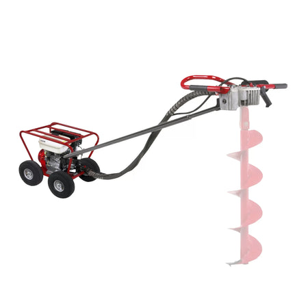 Side profile view of the Little Beaver 5.5 HP earth drill system connected via torque tube to the handlebar gearbox assembly with a transparent red earth auger drill bit graphic attached to illustrate utility configuration.