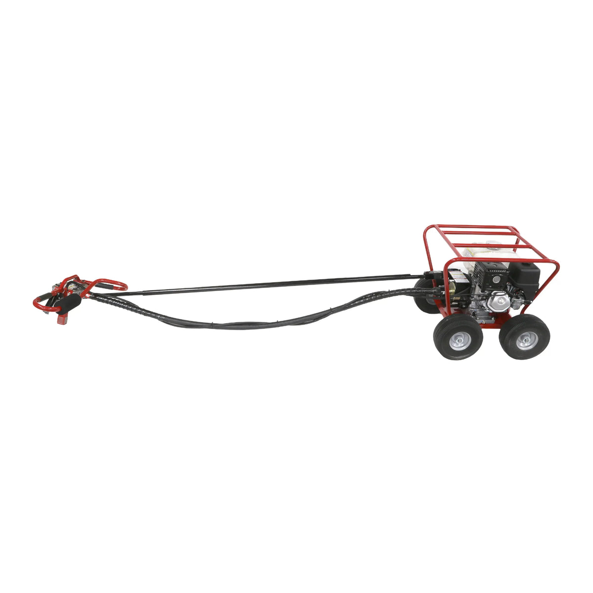 Full side perspective view of the Little Beaver mechanical post hole digger highlighting the extended length of the anti-kickback linear torque tube that bridges the mobile gas engine chassis to the remote steering handles.