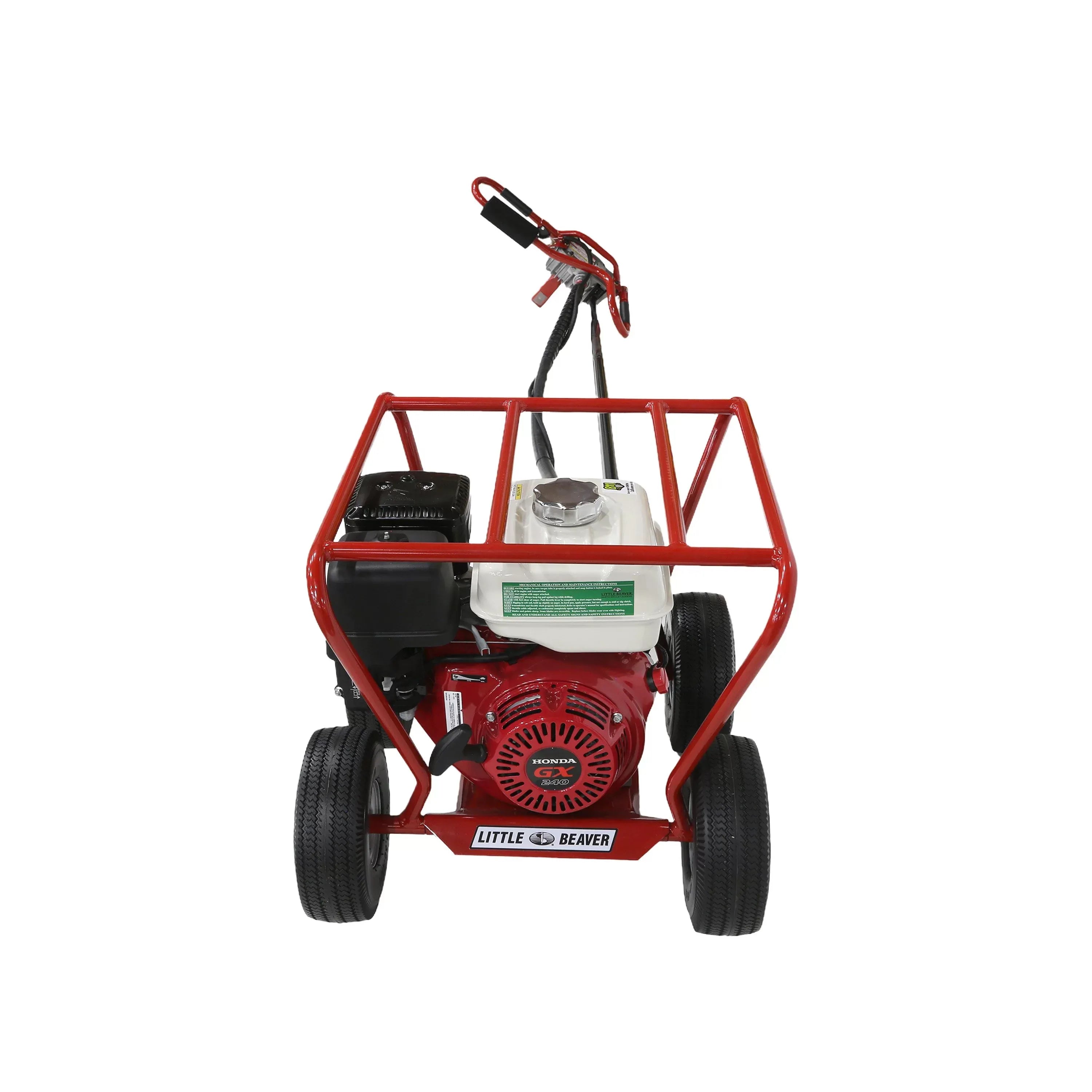 Direct front studio view of the Little Beaver MDL-5HR5 mechanical earth drill showcasing the red Honda recoil starter faceplate shroud, white fuel tank, wrap-around steel safety roll cage frame, and four stable utility tires.