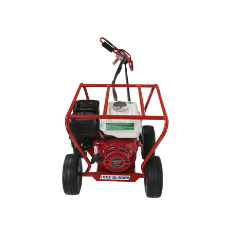Direct front studio view of the Little Beaver MDL-5HR5 mechanical earth drill showcasing the red Honda recoil starter faceplate shroud, white fuel tank, wrap-around steel safety roll cage frame, and four stable utility tires.