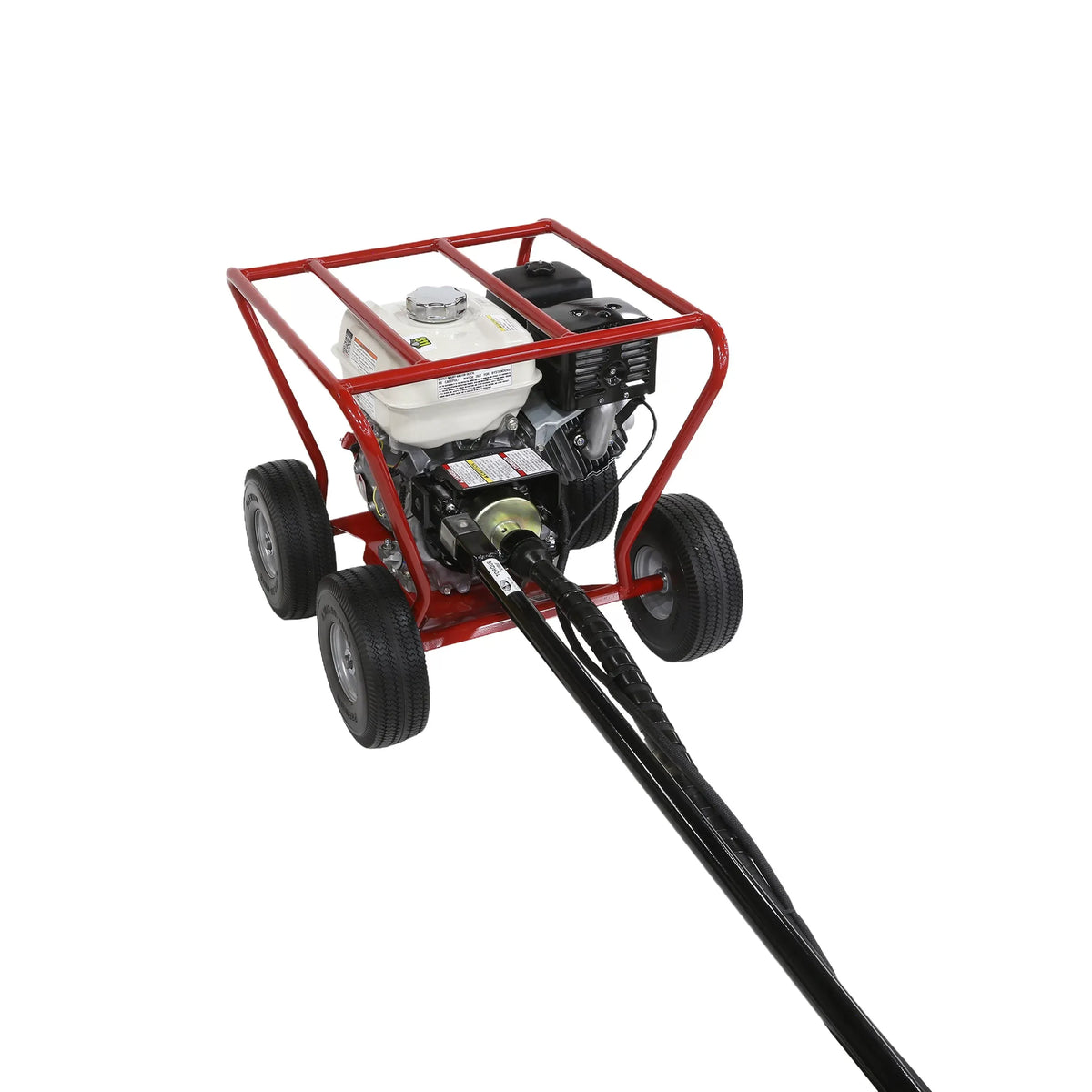 High-angle rear view of the Little Beaver MDL-5HR5 structural drilling power package detailing the overhead protective cage design, white gasoline tank, and the point of connection for the heavy-duty drive line assembly.