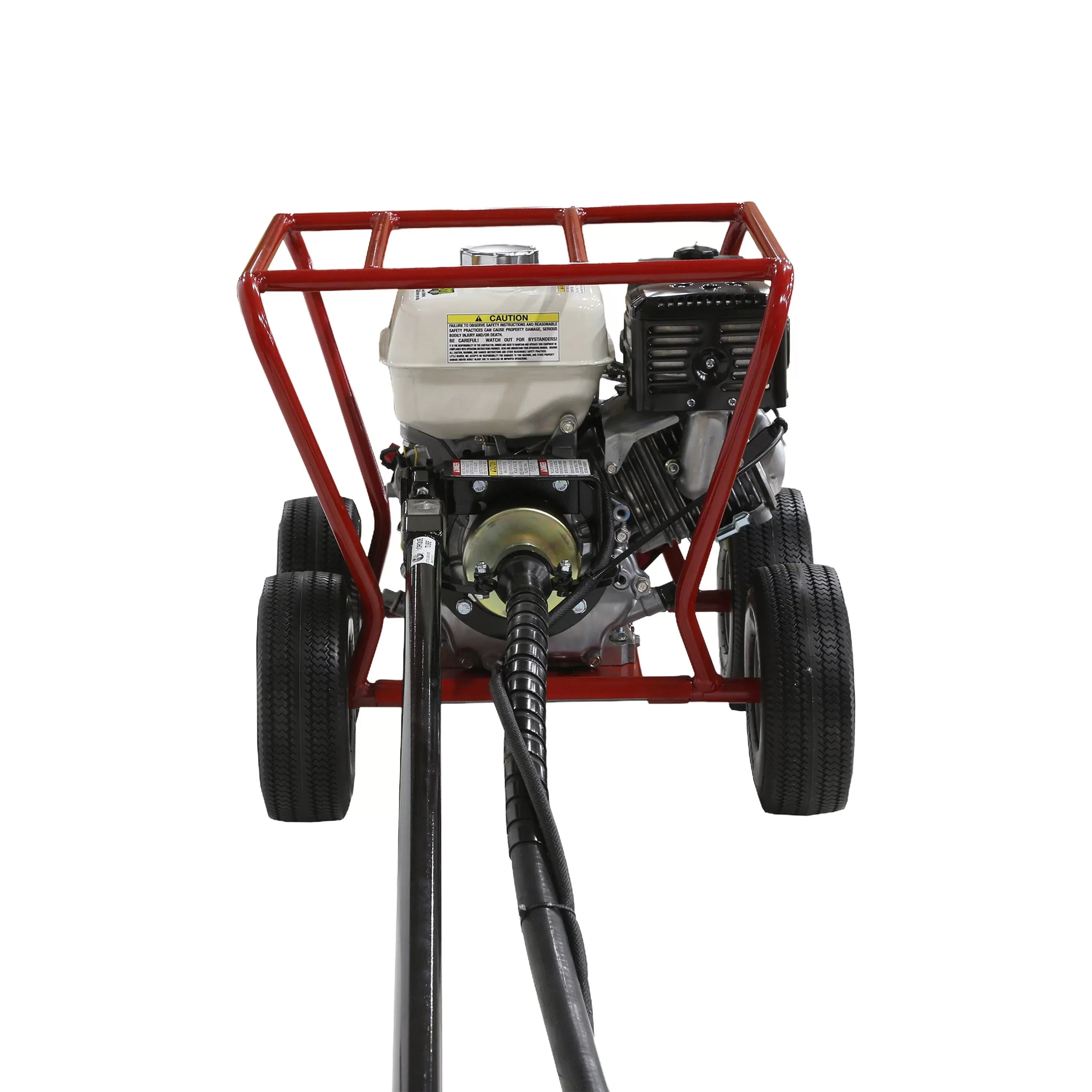 Direct rear view of the mobile earth drill carriage isolating the heavy-gauge structural connection layout, flexible main drive line, warning labels, flat-free transport tires, and dual-axle steel framing setup.