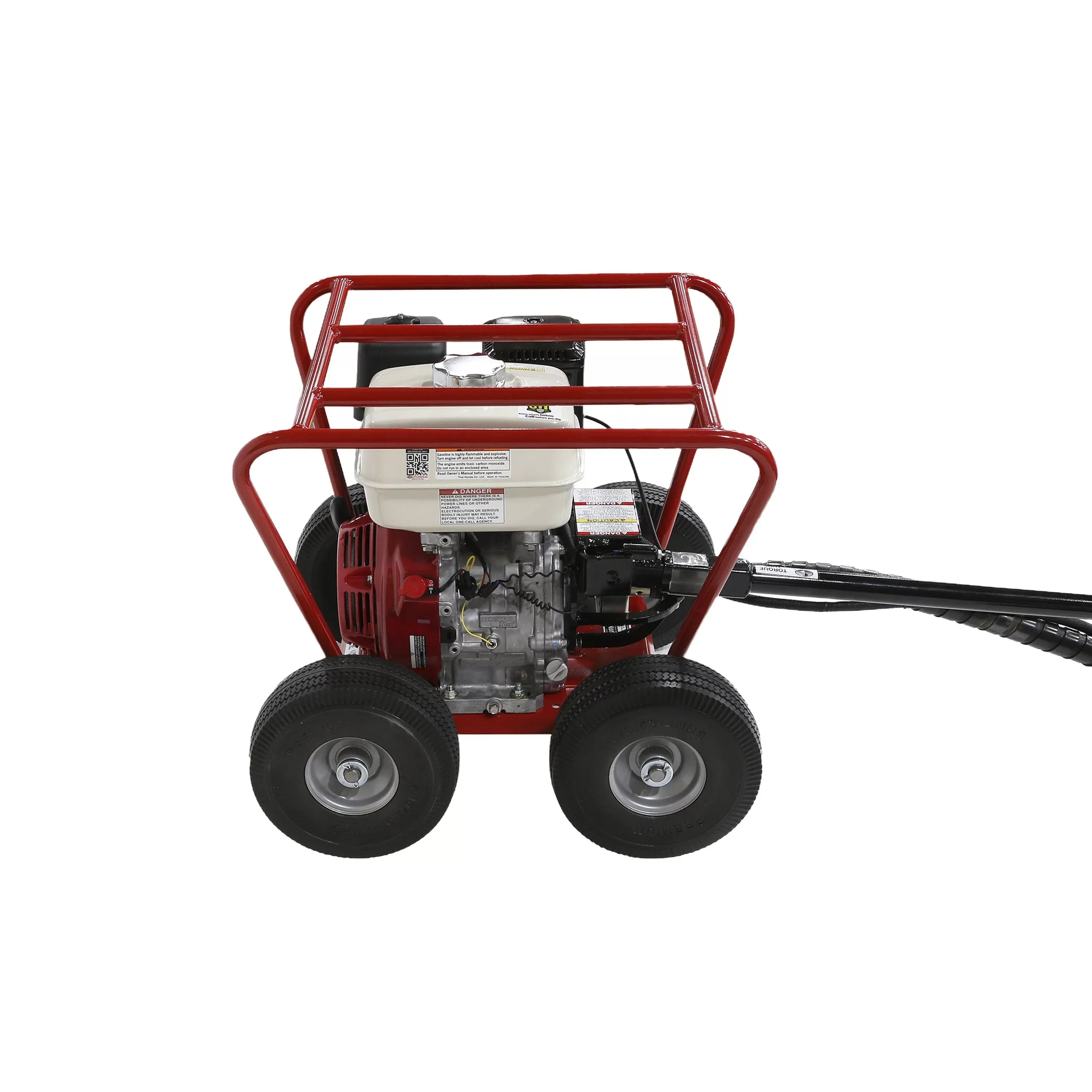 Right side profile view of the Little Beaver 5.5 HP gas mechanical digger carriage focusing on the Honda GX engine block specifications, warning decals, QR validation code label, and heavy-rimmed transport wheels.