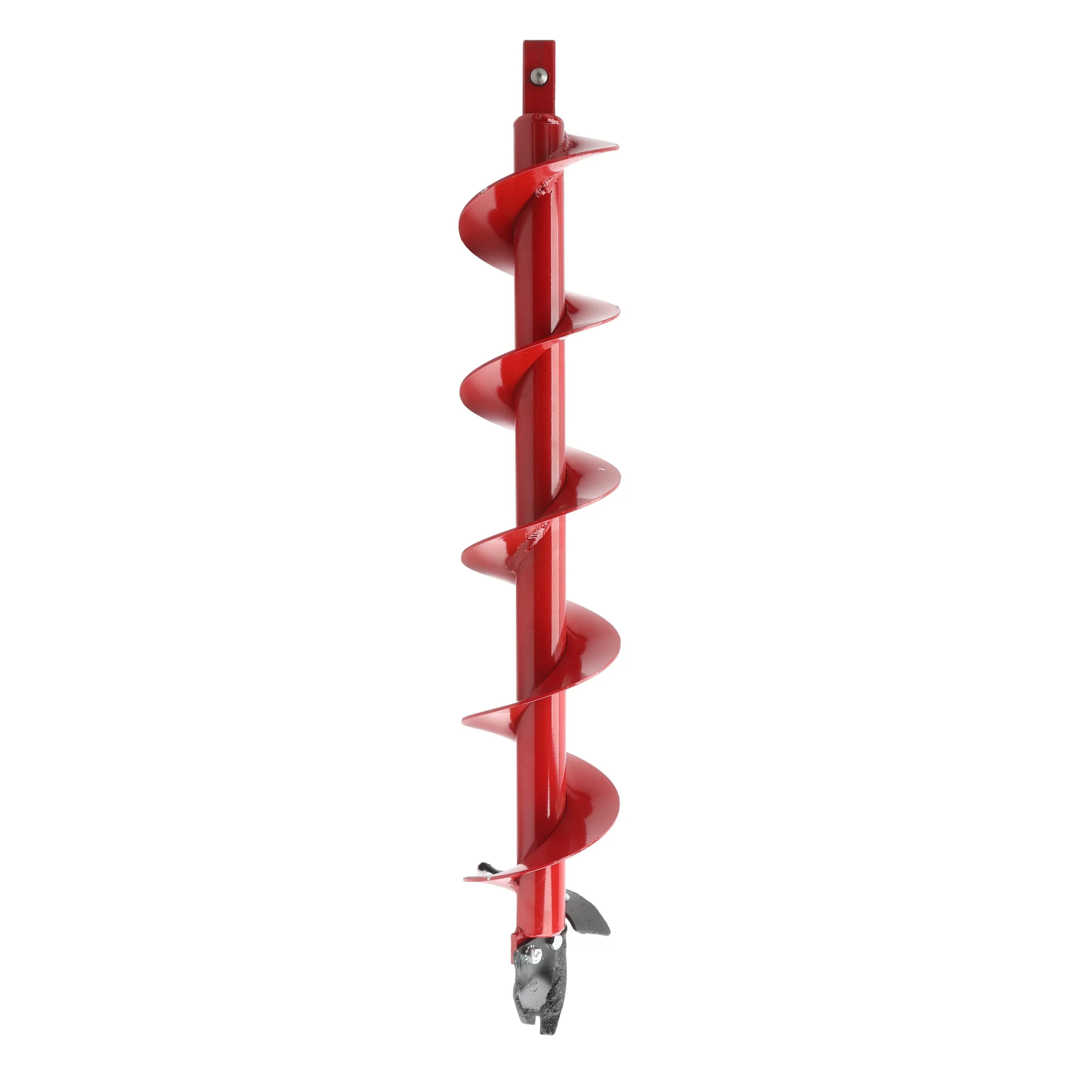 Studio product shot of a bright red Little Beaver standard snap-on earth auger bit positioned vertically against a plain white background, detailing the spiral flighting, structural center tube, snap-on shank connection pin at the top, and replaceable cutting point blades at the bottom tip.