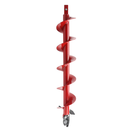 Studio product shot of a bright red Little Beaver standard snap-on earth auger bit positioned vertically against a plain white background, detailing the spiral flighting, structural center tube, snap-on shank connection pin at the top, and replaceable cutting point blades at the bottom tip.