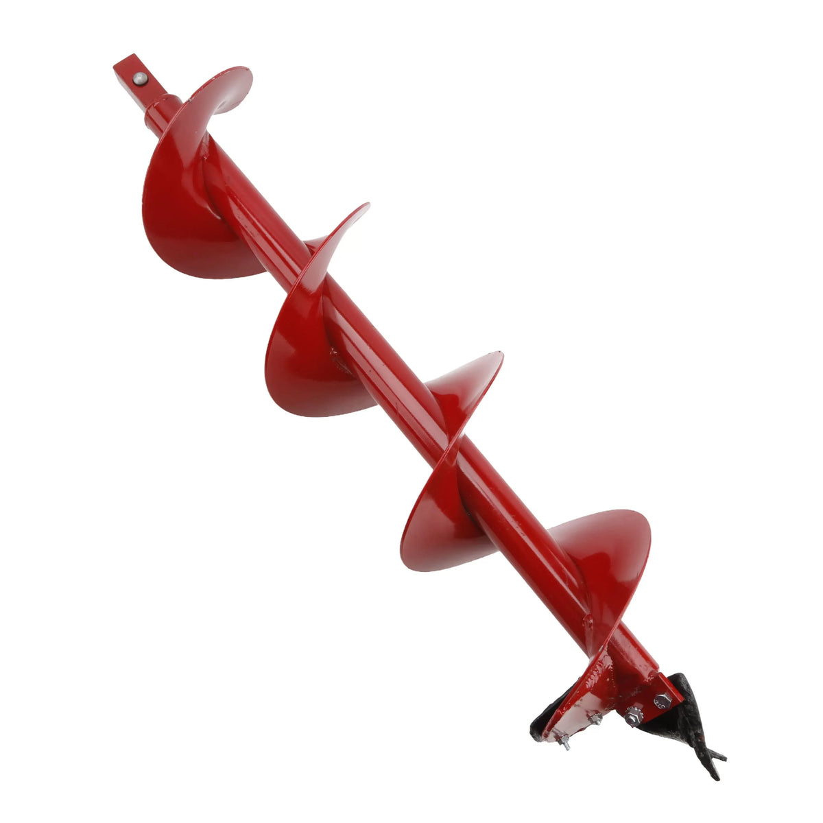 Product view of a bright red Little Beaver standard snap-on earth auger drill bit shown at an angle against a white background, highlighting the wide spiral flighting, heavy-duty center tube, top snap-on mounting shank with a securing pin, and replaceable ground cutting points at the bottom tip.