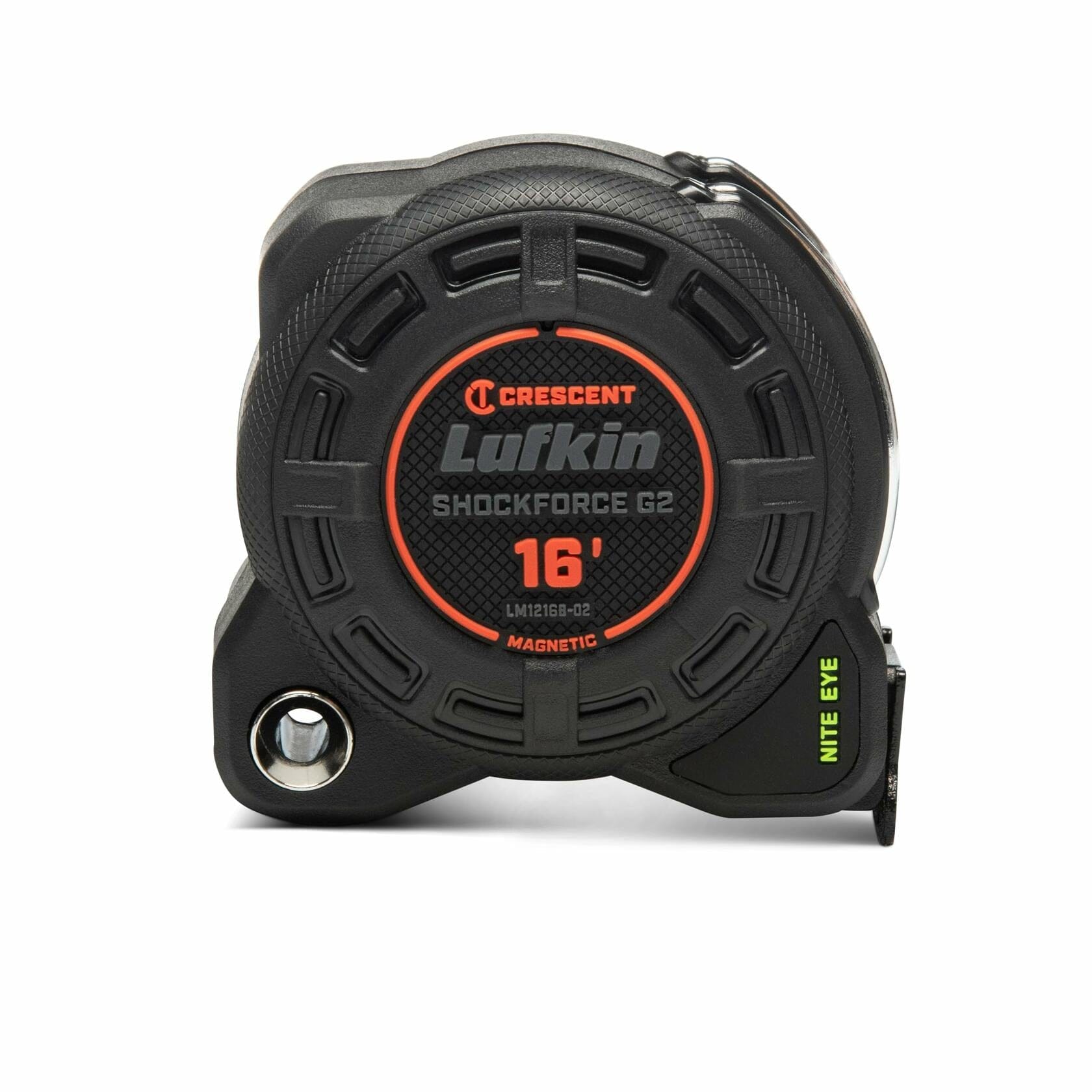 A profile studio shot of the Crescent Lufkin Shockforce G2 16-foot magnetic tape measure, showing the logo, rugged case, and Nite Eye blade label.