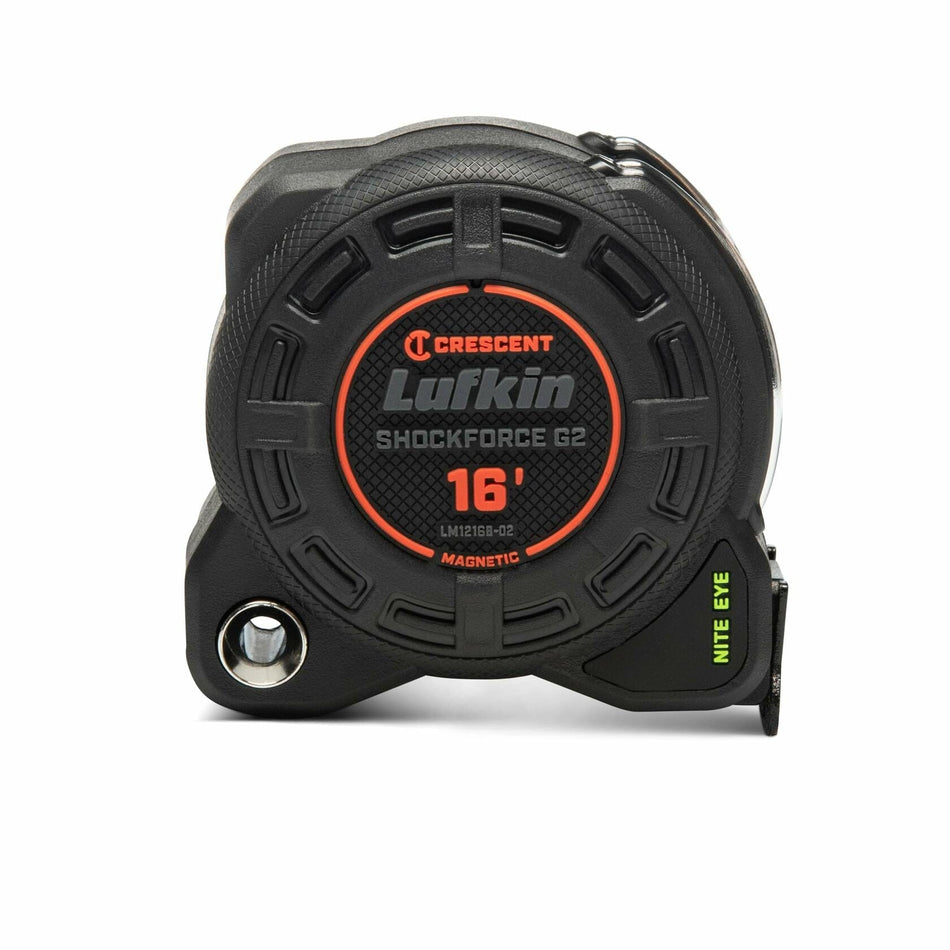 A profile studio shot of the Crescent Lufkin Shockforce G2 16-foot magnetic tape measure, showing the logo, rugged case, and Nite Eye blade label.