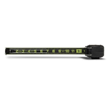 A top-down studio shot of the Lufkin Shockforce G2 tape measure. The black and green Nite Eye blade is extended horizontally, showing clear SAE markings up to the 1-foot mark.