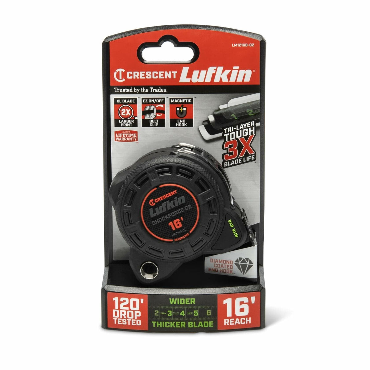The Crescent Lufkin Shockforce G2 16-foot tape measure, model LM1216B-02, shown in its official retail blister pack packaging. The packaging highlights features like "120' DROP TESTED," "16' REACH," and "DIAMOND COATED END HOOK."