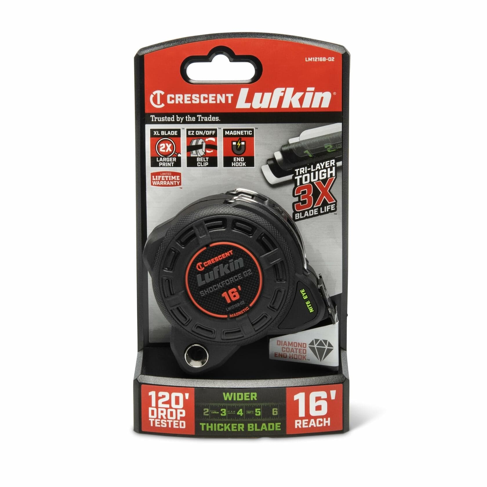 The Crescent Lufkin Shockforce G2 16-foot tape measure, model LM1216B-02, shown in its official retail blister pack packaging. The packaging highlights features like "120' DROP TESTED," "16' REACH," and "DIAMOND COATED END HOOK."