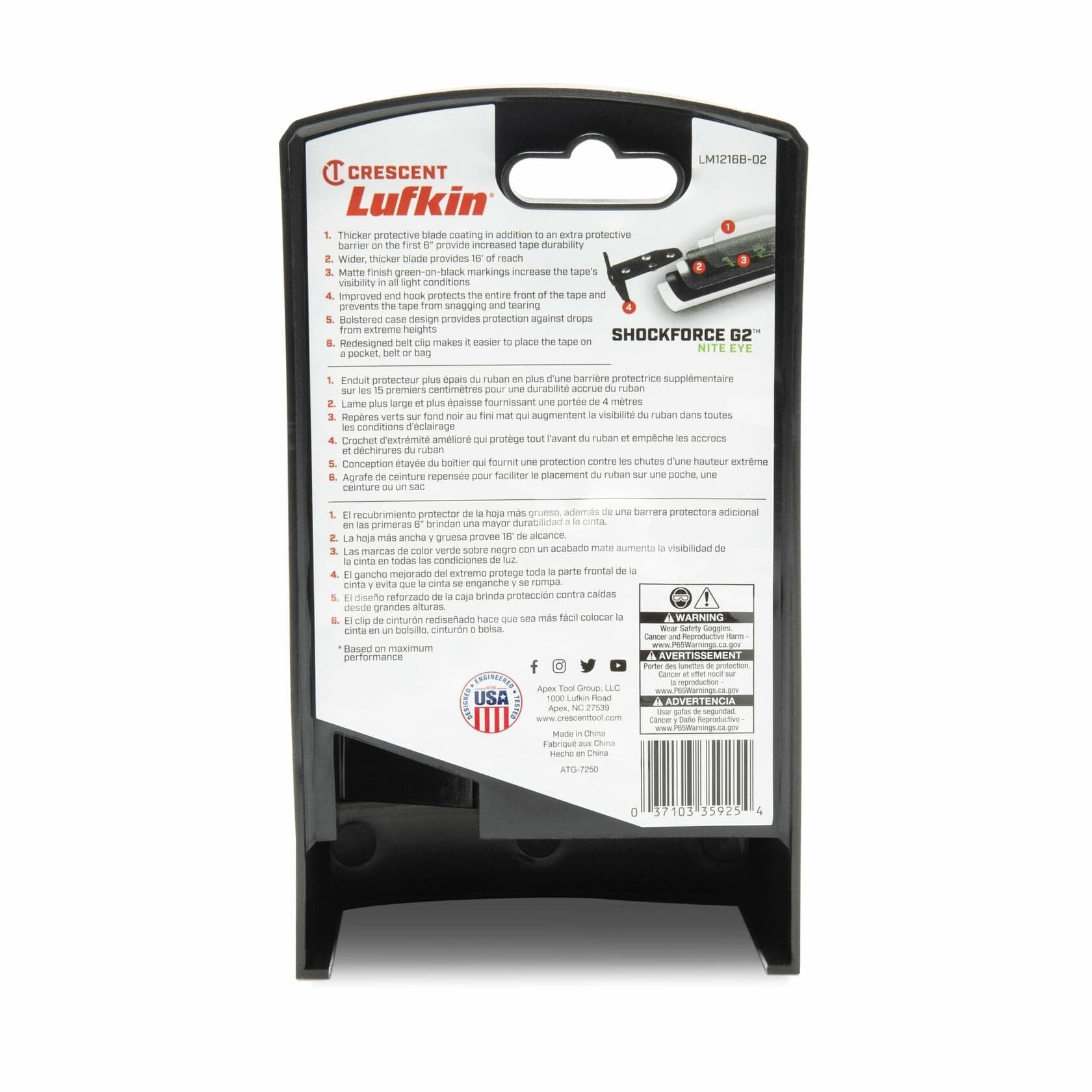 The back of the retail packaging for the Lufkin Shockforce G2 Nite Eye tape measure, model LM1216B-02, detailing its features in English, French, and Spanish.