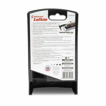 The back of the retail packaging for the Lufkin Shockforce G2 Nite Eye tape measure, model LM1216B-02, detailing its features in English, French, and Spanish.