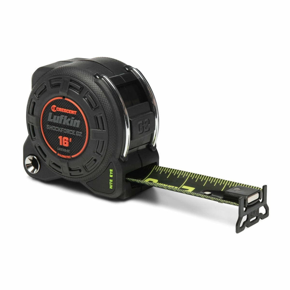 A three-quarter studio shot of the Lufkin Shockforce G2 16-foot tape measure (LM1216B-02) with the Nite Eye blade partially extended, showing the magnetic end hook.