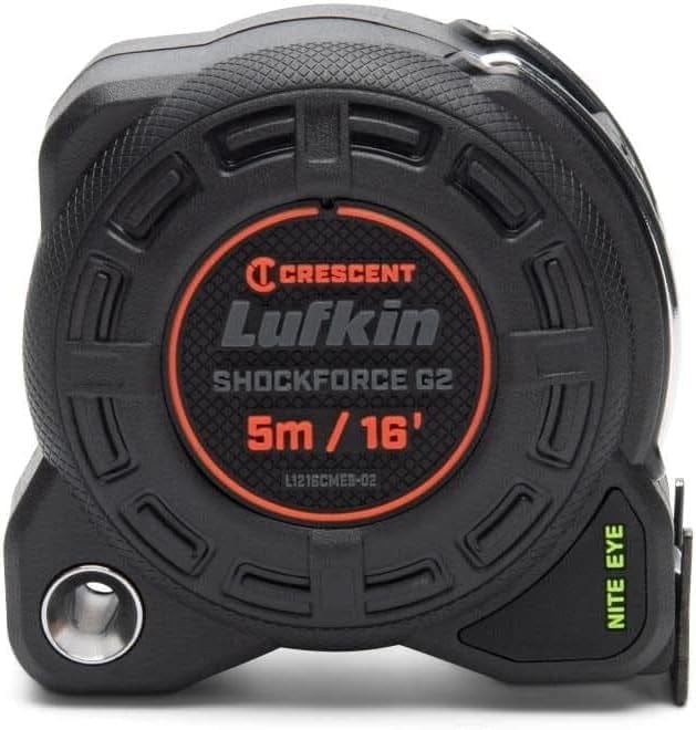 A profile studio shot of the Crescent Lufkin Shockforce G2 tape measure, showing the 5m/16' logo, rugged case, and "NITE EYE" label.
