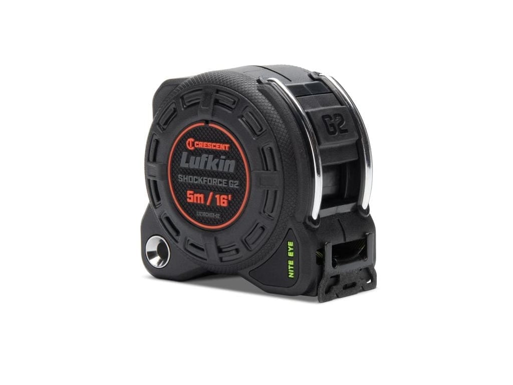 A three-quarter studio shot of the Lufkin Shockforce G2 16-foot tape measure with the Nite Eye blade partially extended, showing the non-magnetic, diamond-coated end hook.