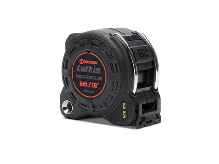 A three-quarter studio shot of the Lufkin Shockforce G2 16-foot tape measure with the Nite Eye blade partially extended, showing the non-magnetic, diamond-coated end hook.