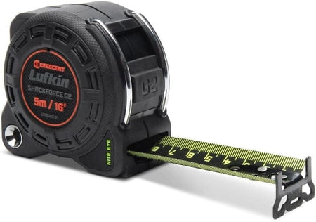 A three-quarter studio shot of the Lufkin Shockforce G2 16-foot tape measure with the Nite Eye blade partially extended, showing the non-magnetic, diamond-coated end hook.