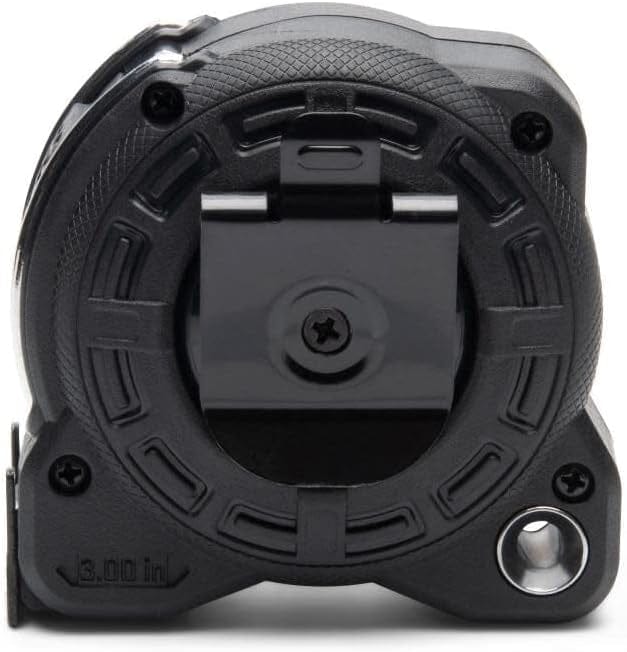 A rear view of the Lufkin Shockforce G2 16-foot tape measure, showing the black metal belt clip, tether point, and the 3.00-inch base measurement.